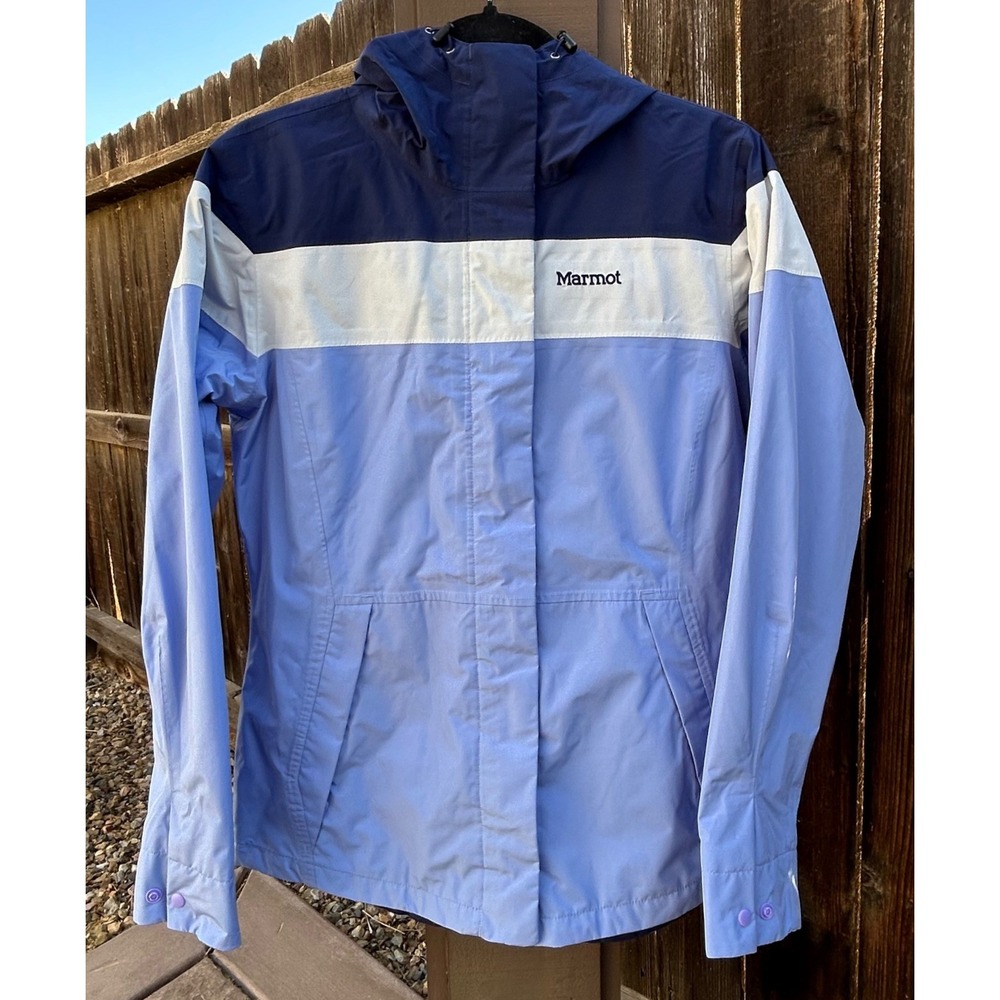 Marmot Womens M Colorblock Hooded Shell Jacket Blue White Full Zip F36510